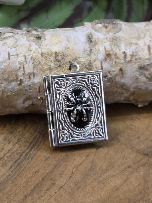 Silberfarbenes Buch-Medaillon mit Spinnenmotiv und schwarzem Resin-Einsatz auf Holz fotografier