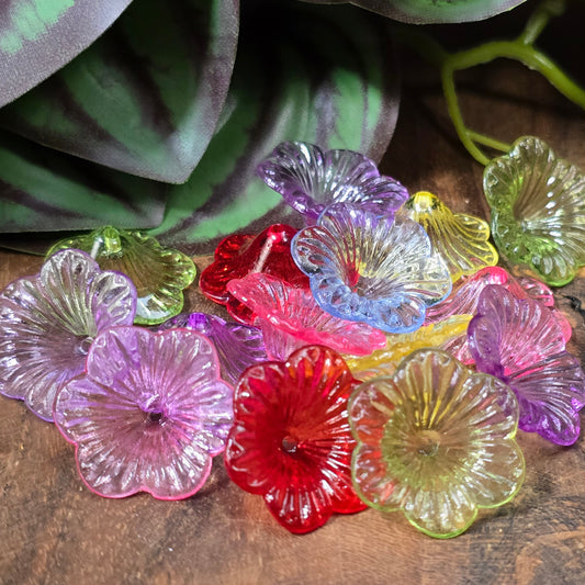 30 transparente Acryl-Blütenperlen im bunten Farbmix, 21 mm, leicht & vielseitig – ideal für Schmuck, Hochzeit, Frühling & DIY-Deko.

