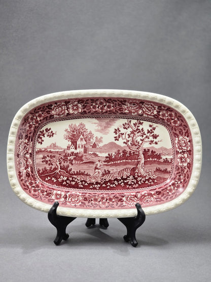 Vintage Villeroy & Boch Rusticana Servierplatte mit rotem Landschaftsdekor, floraler Bordüre und Perlrand in Frontalansicht