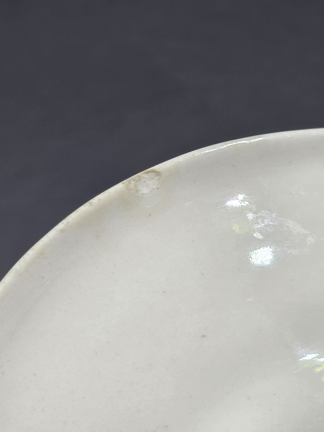 Vintage Villeroy & Boch Servierplatte mit cremefarbener Rückseite und kleinem Chip am rückseitigen Rand in Nahaufnahme