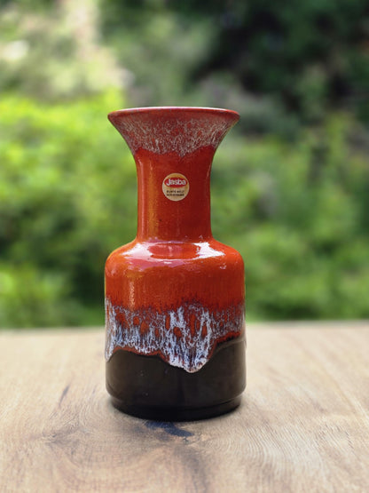 Vintage Jasba Keramikvase in Rot, Schwarz und Weiß mit glänzender Laufglasur und originalem Aufkleber