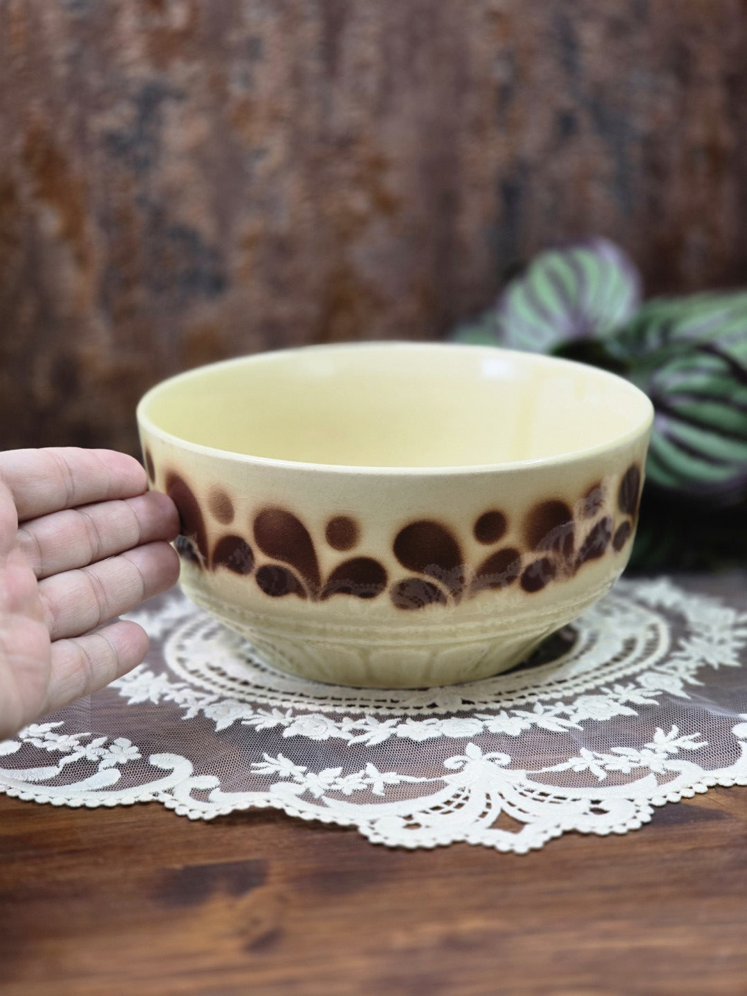 Vintage Steingutschüssel mit braunem Dekorband, heller Glasur und Hand als Größenvergleich in seitlicher Ansicht