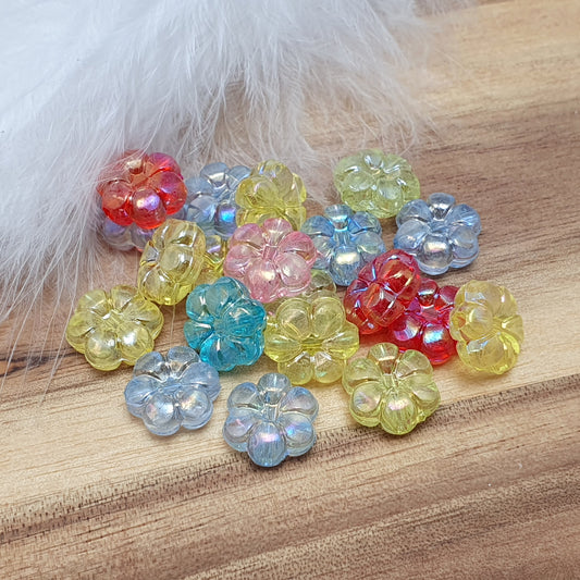 20 Perlen, Acryl, Blumen, Klar, Irisierend, Farbmix, 11mm