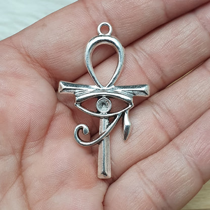 1x Anhänger Ankh mit Horusauge, 44mm, antik silberfarbig