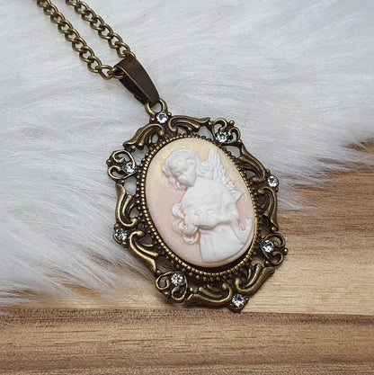 Anhänger Kette, Shabby, Cabochon Engel, antik bronzefarbig