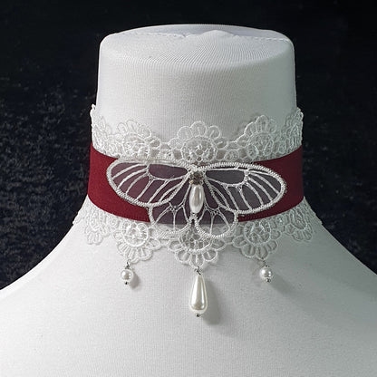 Choker, Velours & Spitze, Bordeaux & Weß, mit Schmetterling, Kropfband, Dirndlschmuck