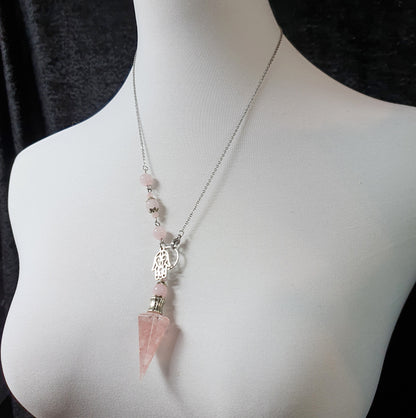 Pendelkette. Pendel Rosenquarz mit Hamsa Hand, Schutz, Liebe, Güte