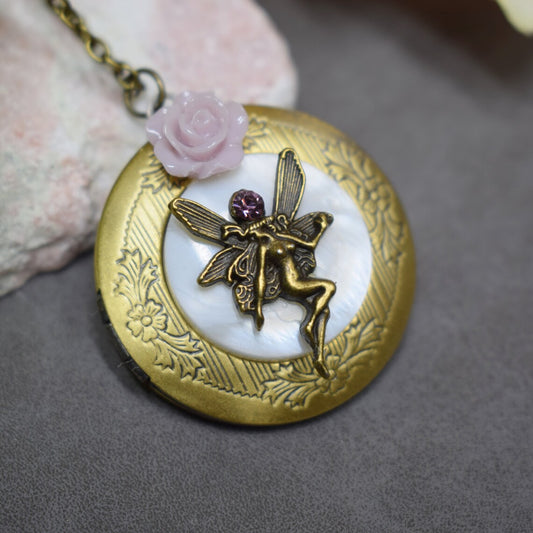Anhängerkette, Kette mit Medaillon Elfe, Fairy, Muschel, Rose, Antik Bronze