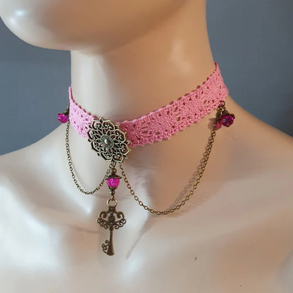 Halsband, Mandala, Häkelband altrosa, Pink, Antik Bronzefarbig