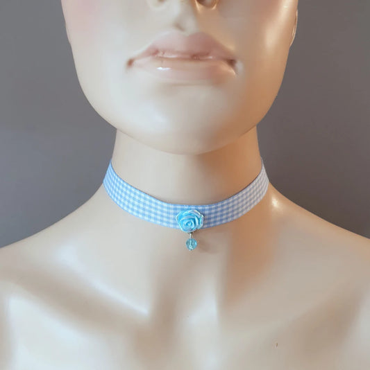 Halsband, Kropfband, Vichy Karoband Blau, mit Röschen