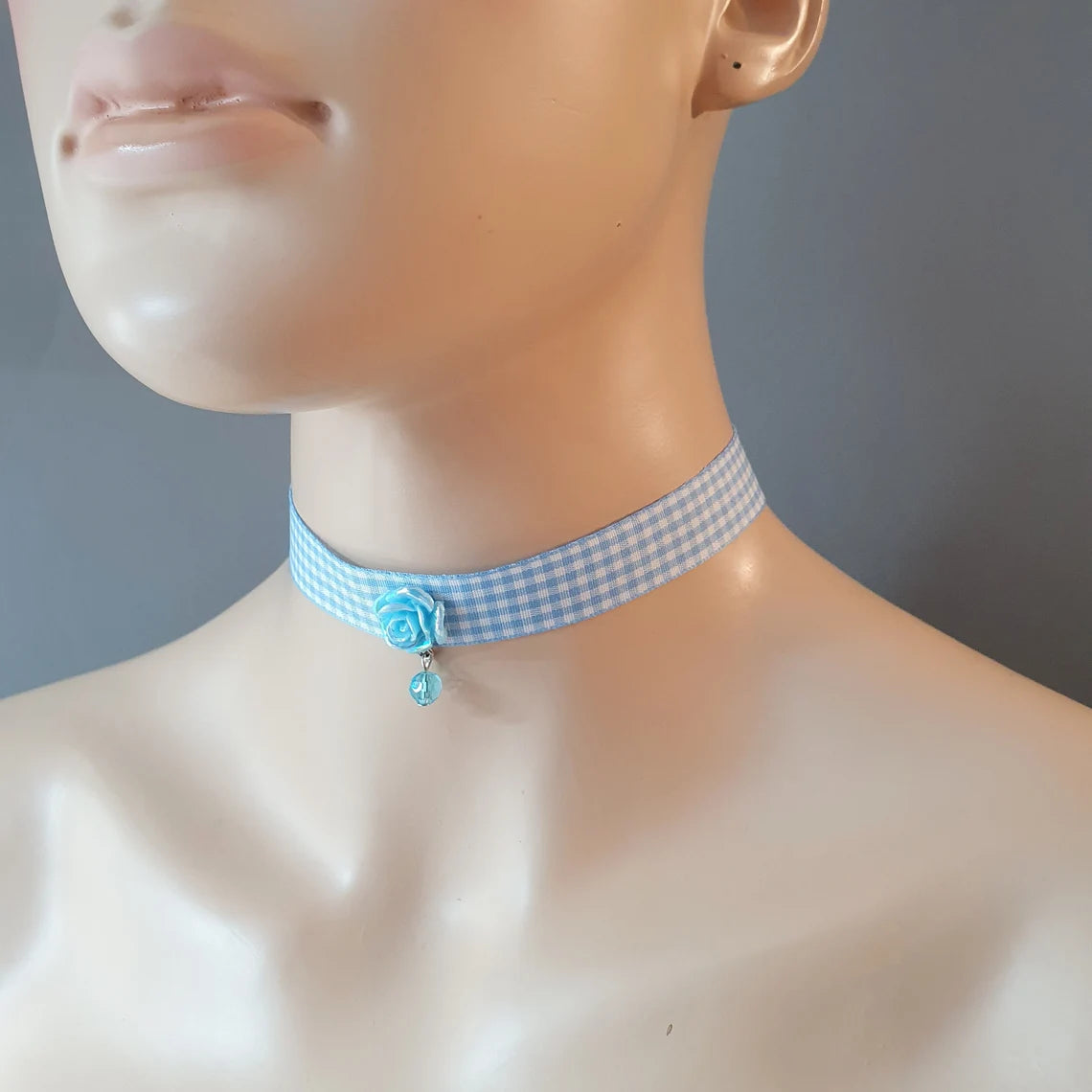 Halsband, Kropfband, Vichy Karoband Blau, mit Röschen