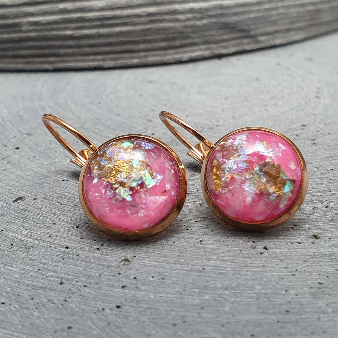 Ohrhänger, Brisur, Messing rosegold vergoldet, Cabochon rosa