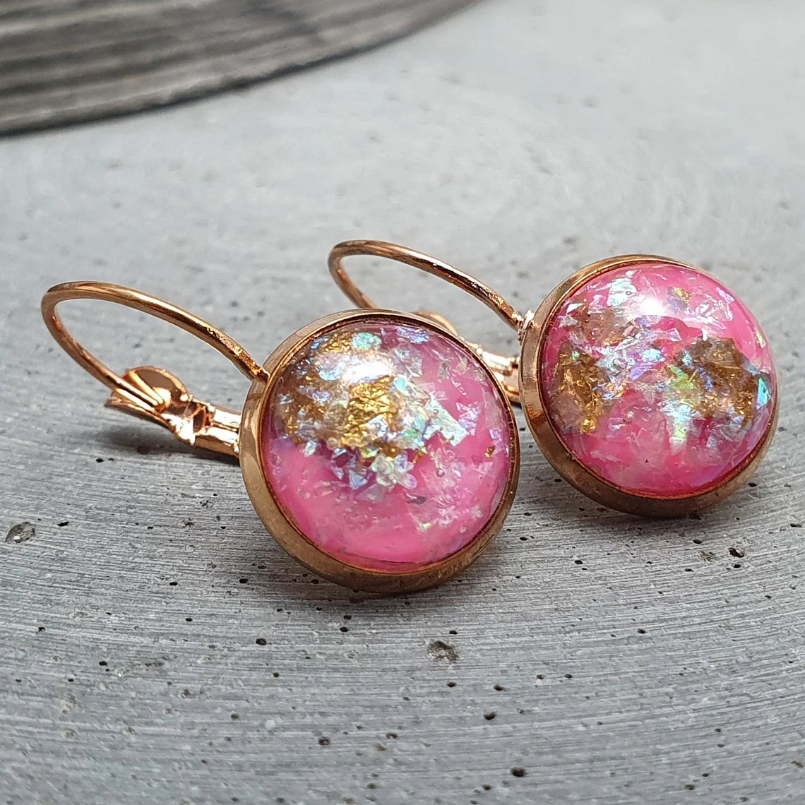 Ohrhänger, Brisur, Messing rosegold vergoldet, Cabochon rosa