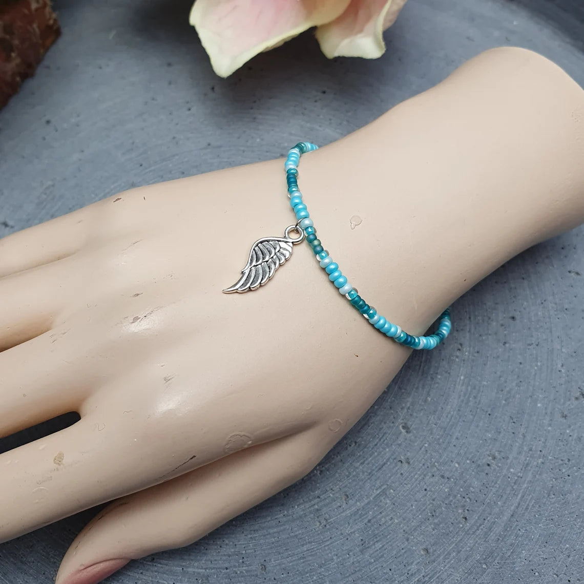 Armband, Rocailles, Preciosa, Miyuki Delica, Glasperlen, Türkisblau, Engelsflügel, 17,5cm+