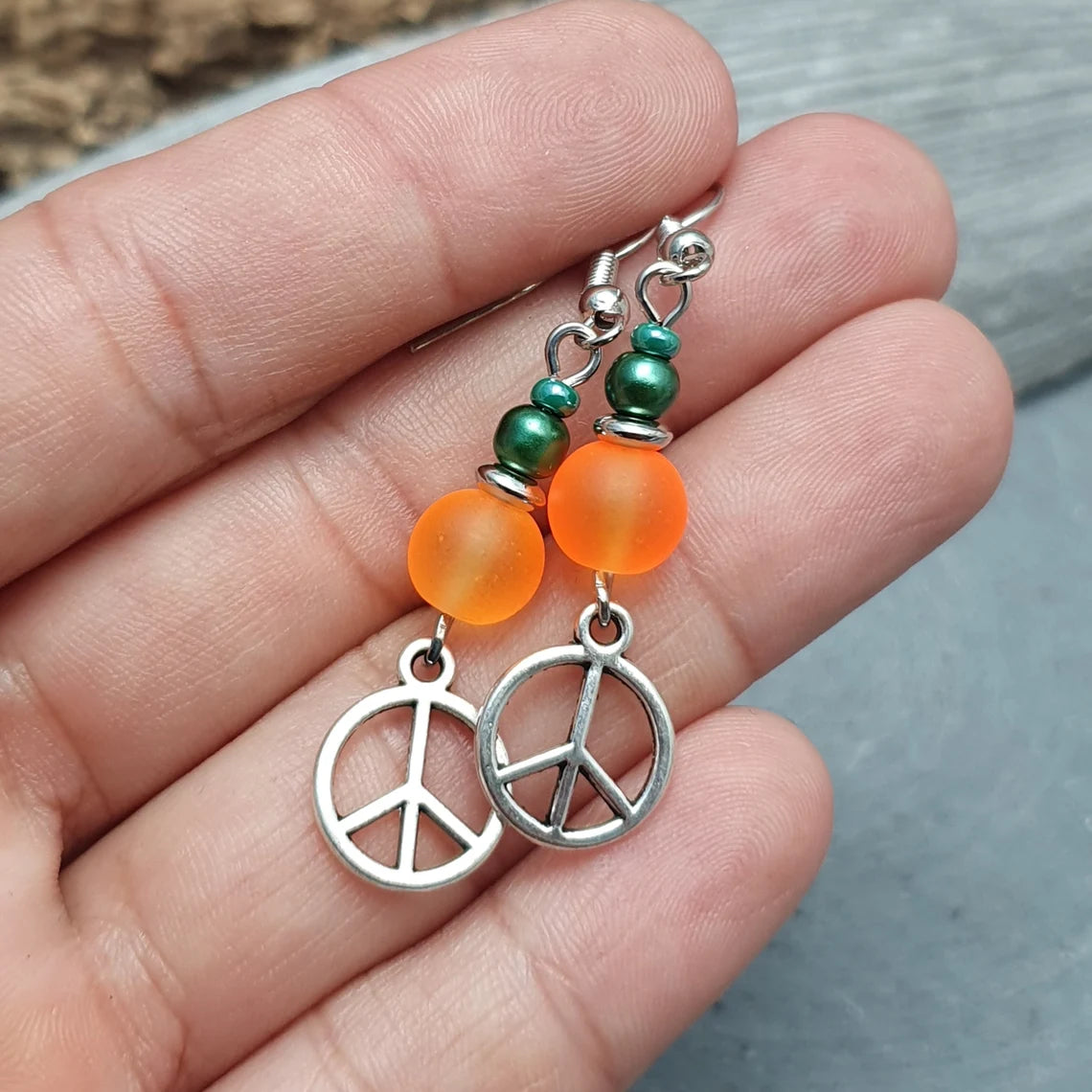 Ohrhänger, Hippie, Orange, Grün, Peace, Frieden, Silberfarbig