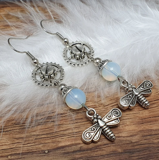 Ohrhänger, Zahnrad, Libelle, mit Opalith, Steampunk