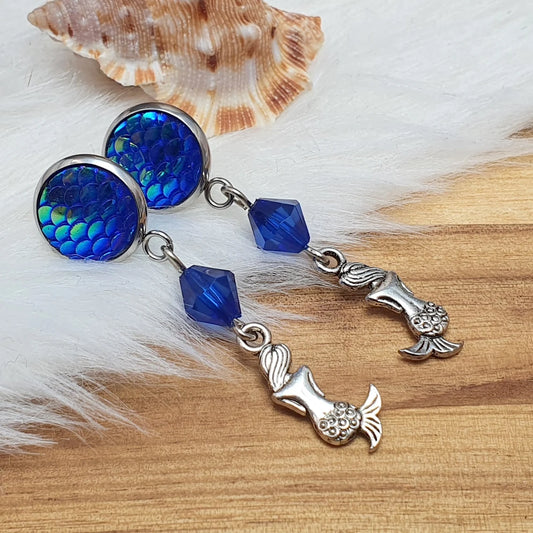 Entzückende Ohrhänger kleine Meerjungfrau, Blau, Silberfarbig, Ohrstecker Edelstahl